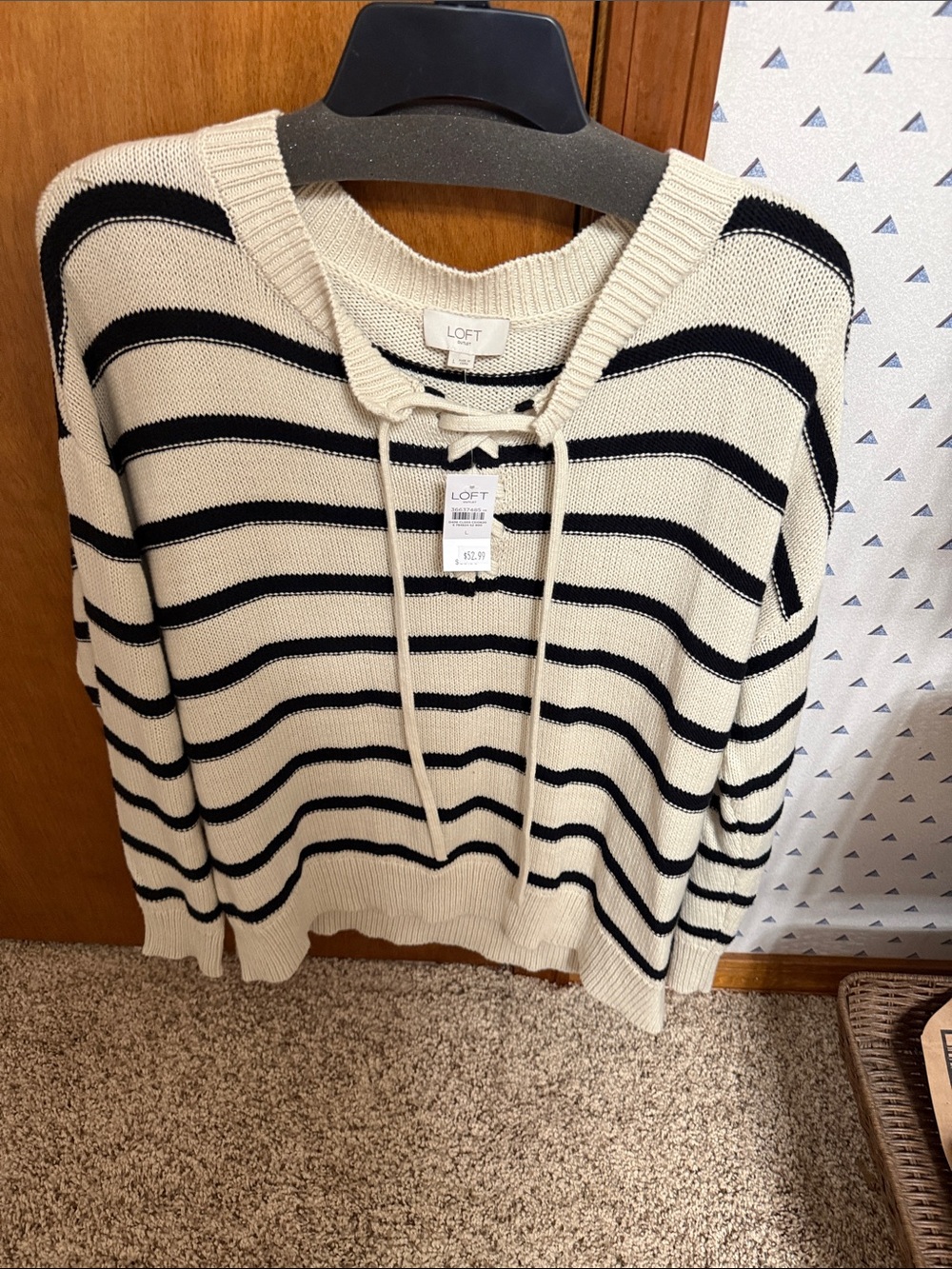 LOFT Cream and Black Striped Lace-Up Neck Sweater Sz L